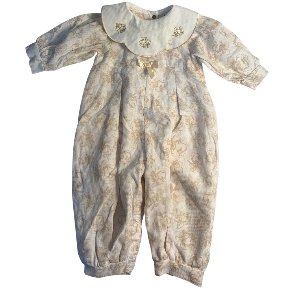 Vintage 90s Baby Dior gold embroidered floral Peter Pan romper 6-9m USA made